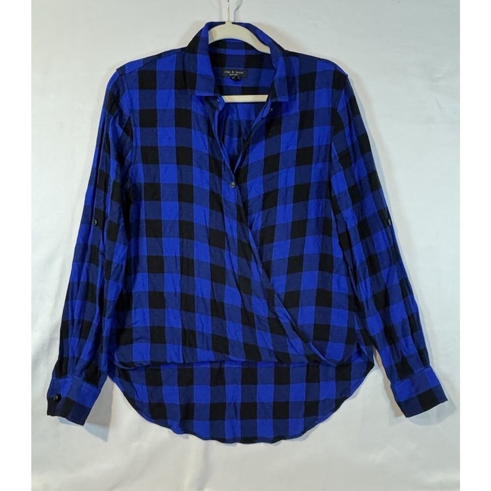 Rag and bone Camille Buffalo Check Wrap Shirt Blue & Black Plaid Cottagecore
